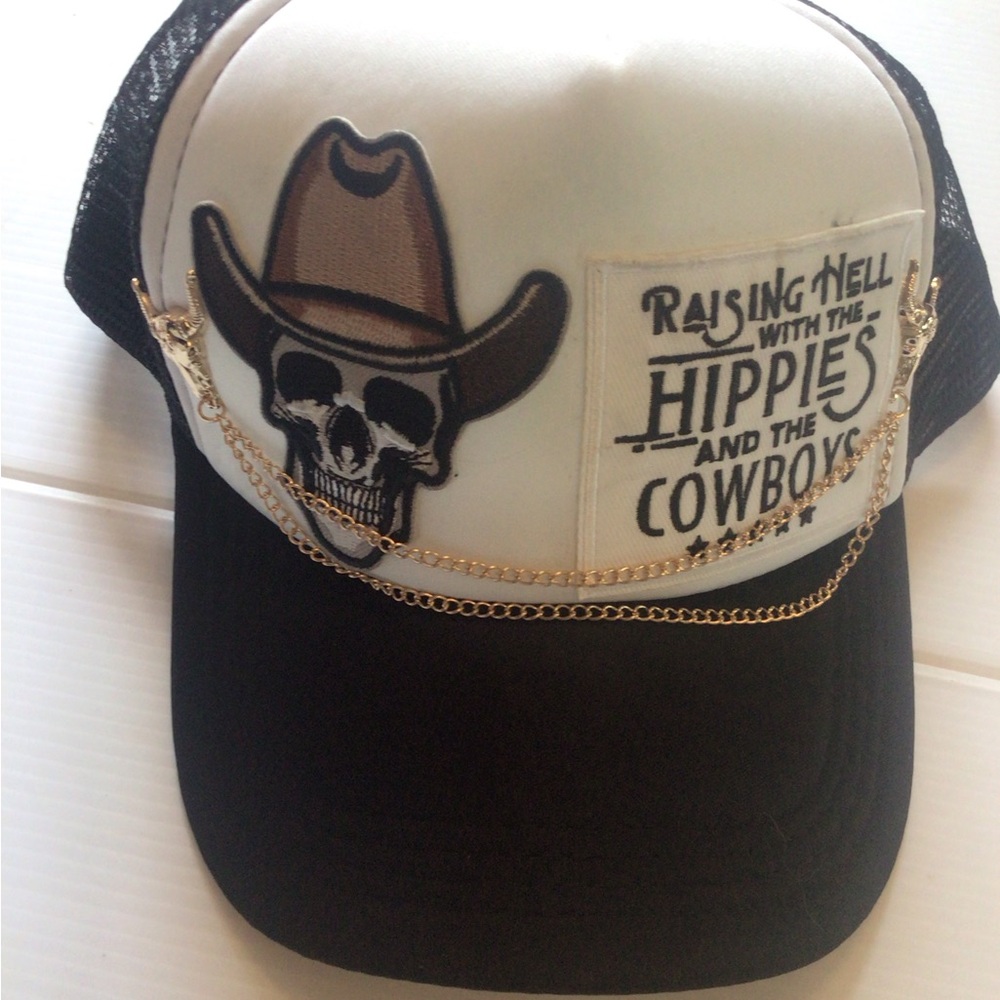 Uupcycled Black and White Cowboy Skull Cap